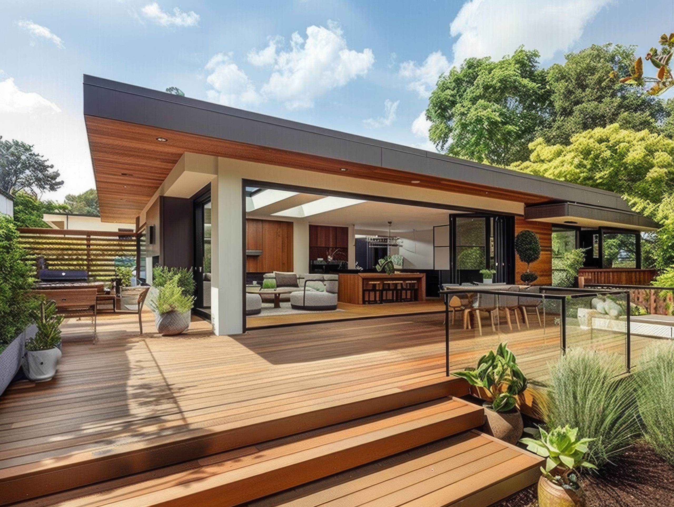 The renovation of a modern home extension in Melbourne includes the addition of a deck, patio, and courtyard area.